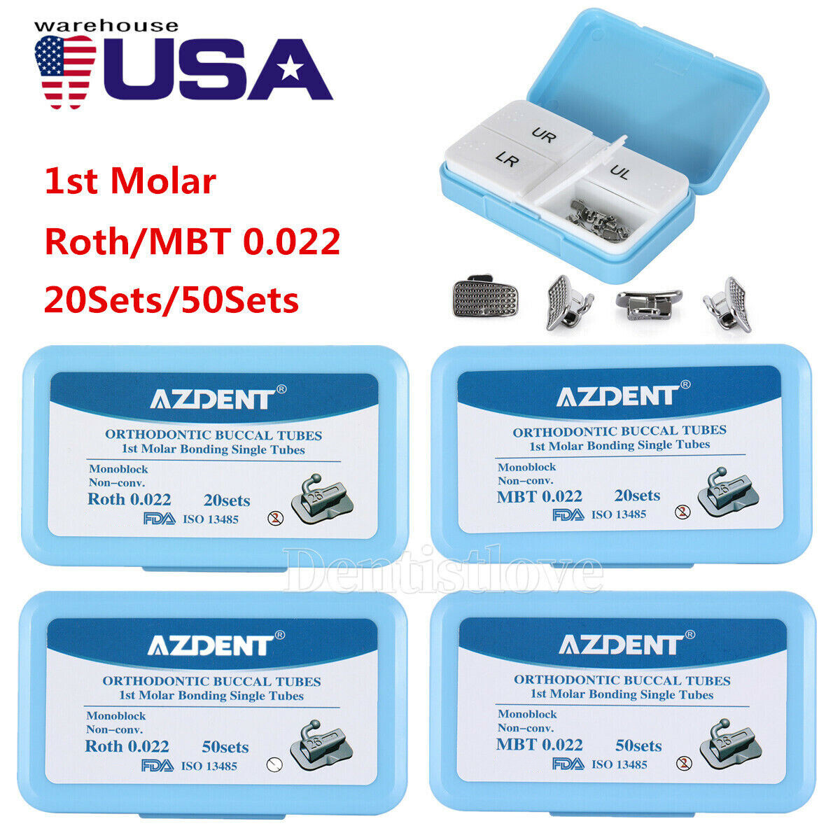 AZDENT Dental Orthodontic Monoblock Buccal Tubes 1st Molar MBT/Roth 0.022