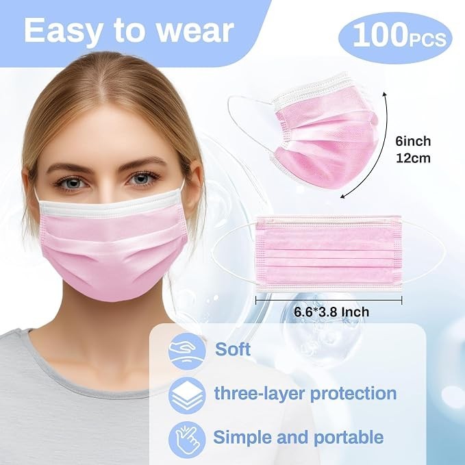 100 PCS Pink Disposable Face Mask – 3 Ply Filter 1 Count (Pack of 1),