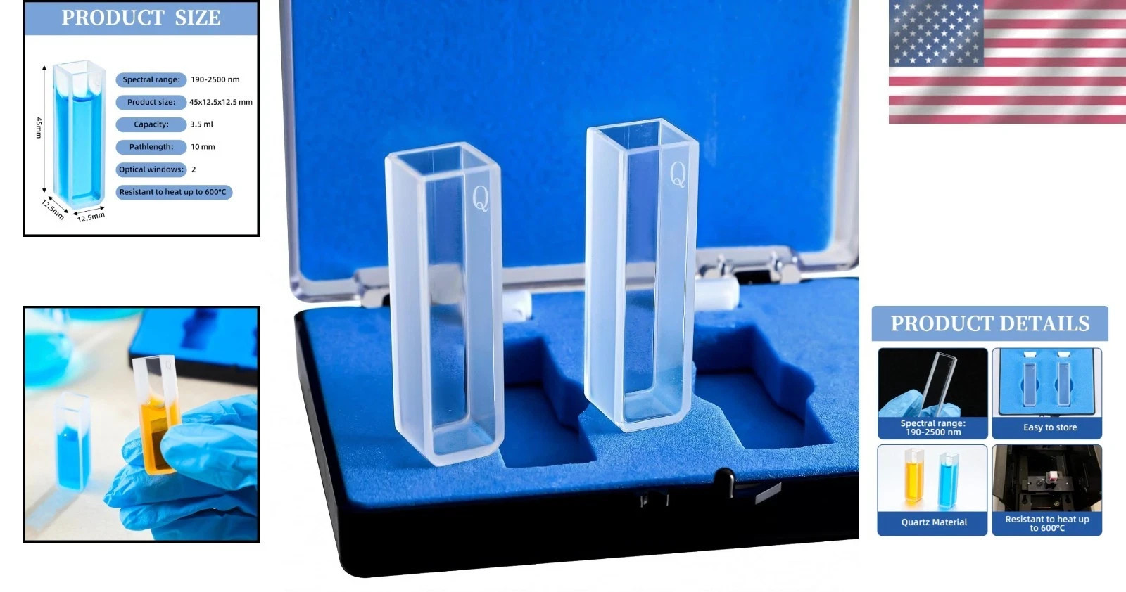 10mm Square UV Quartz Cuvettes 2-Pack, Sealable, 190-2500nm, 2 Clear Sides UVVIS