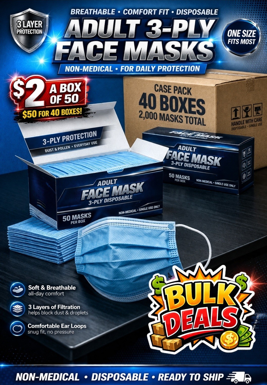 2000 Mask 3-Ply Adult Disposable Face Masks Earloop Breathable Bulk Case