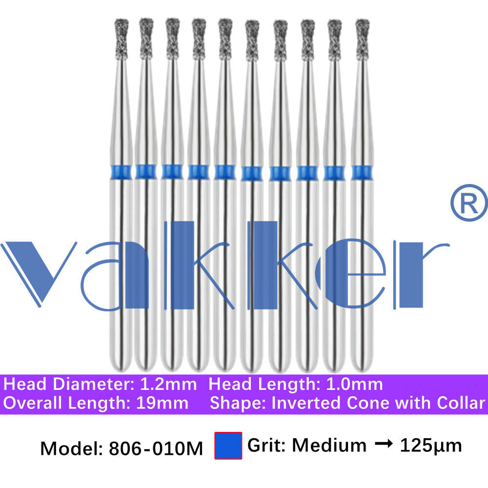 10pc Vakker Dental FG Diamond Burs for High Speed Inverted/ Double Inverted Cone