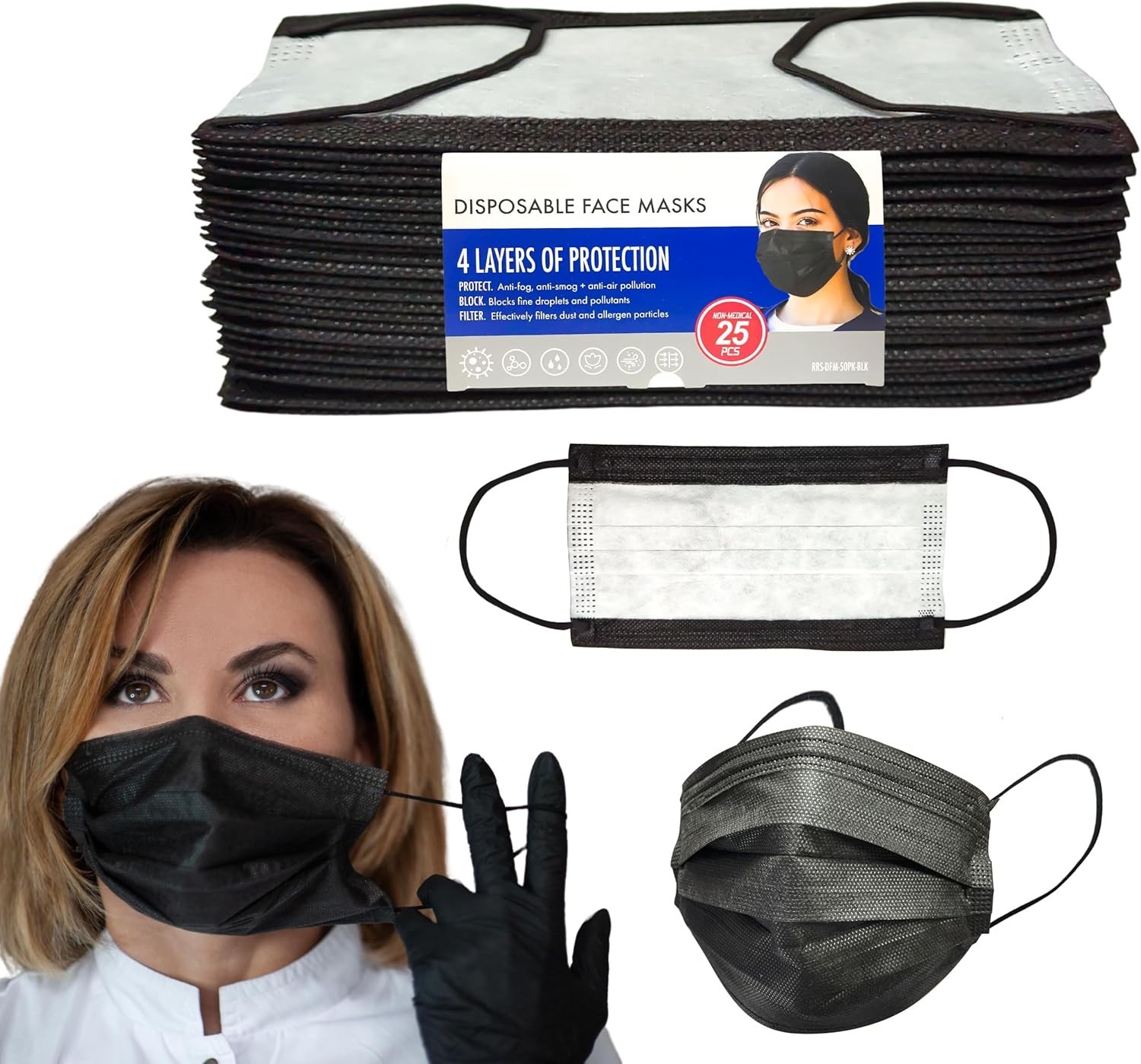 25 Count Disposable 4-Layer Black Face Masks – Stylish & Safe Protection