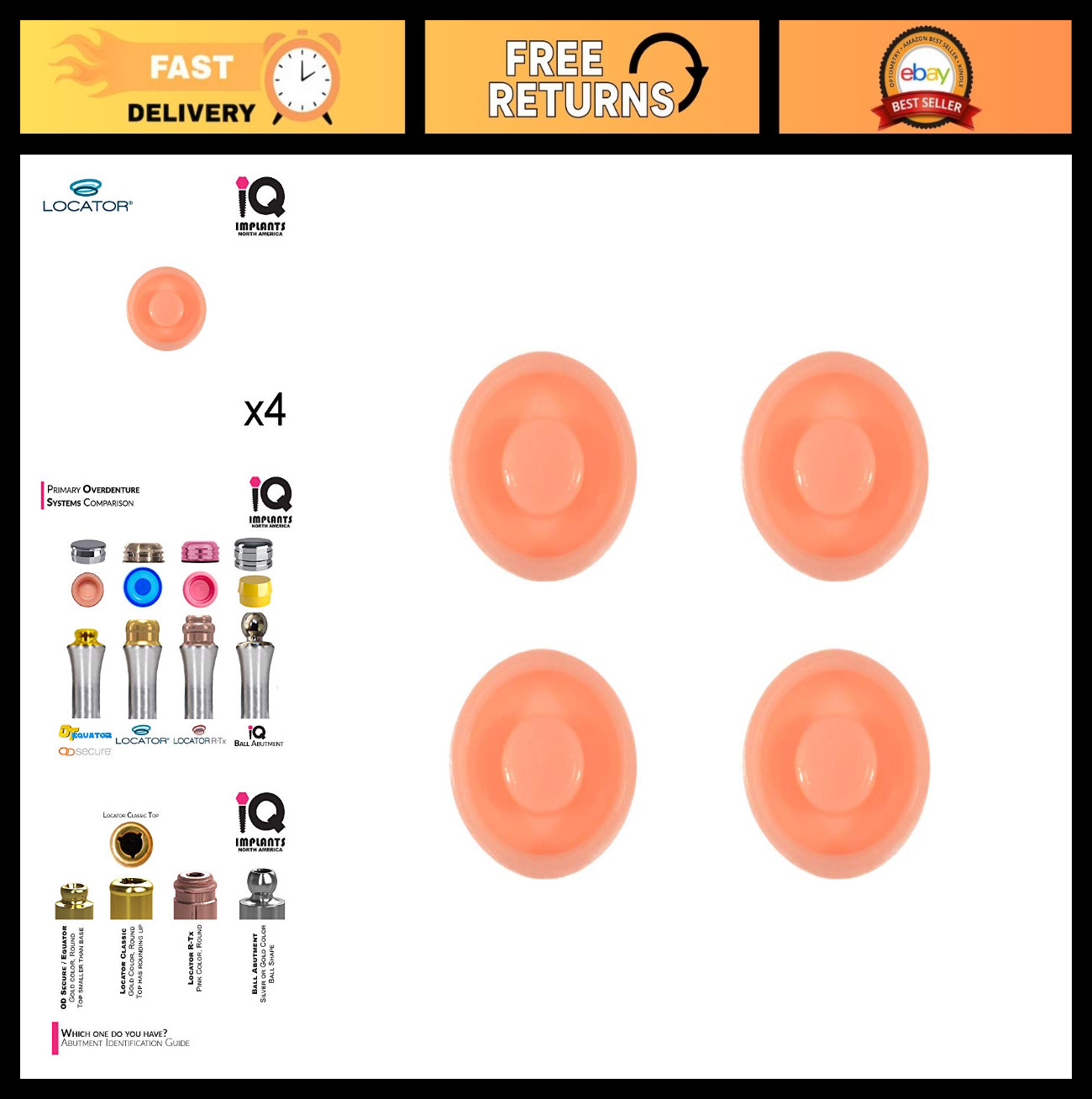 Replacement Male Retention Inserts Caps for IQ Implants – Standard, Light Retent