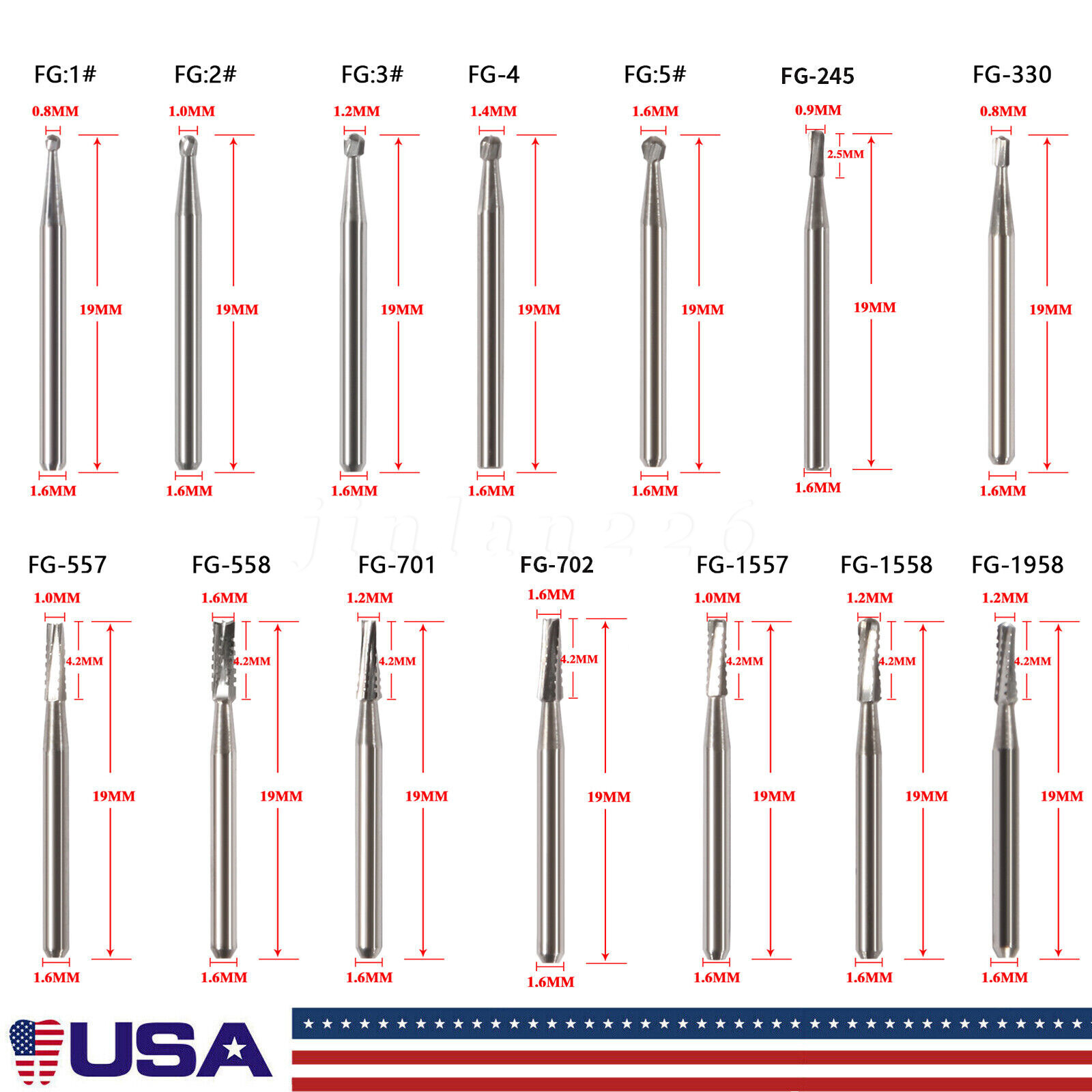 20 Types Dental Round Tungsten Carbide FG Bur For Surgical/ High Speed Handpiece