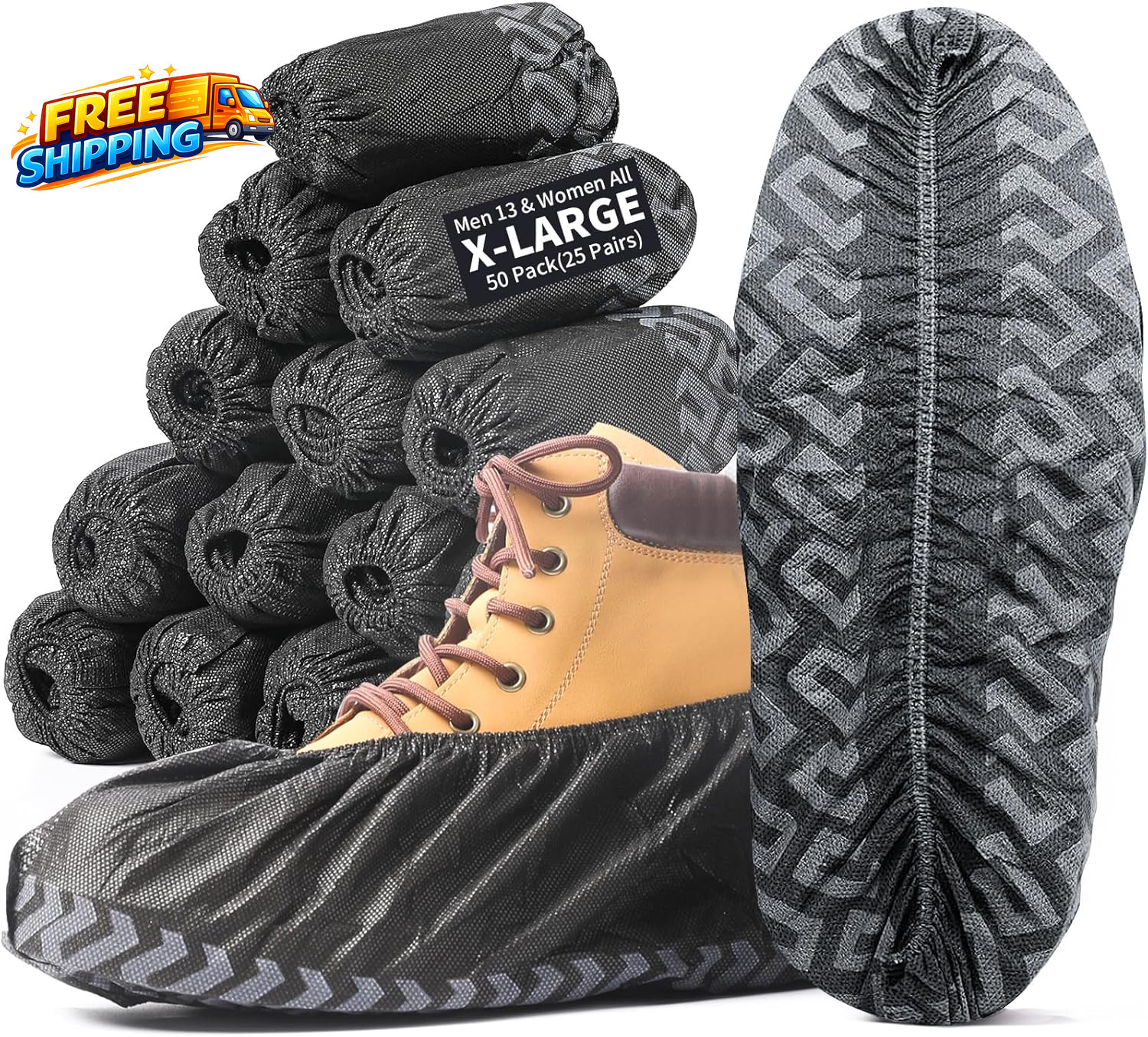 X-Large 50 Pack Shoe Covers Disposable Non Slip Black Non Woven Fabric Boot
