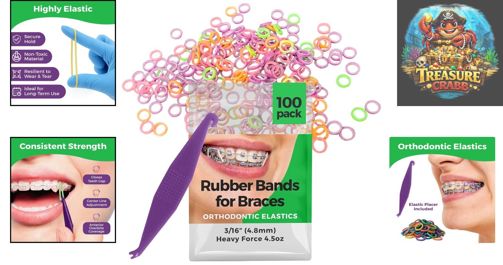 Versatile Neon 3/16″ Rubber Bands – 100 Pack for Braces & Craft Use With Placer