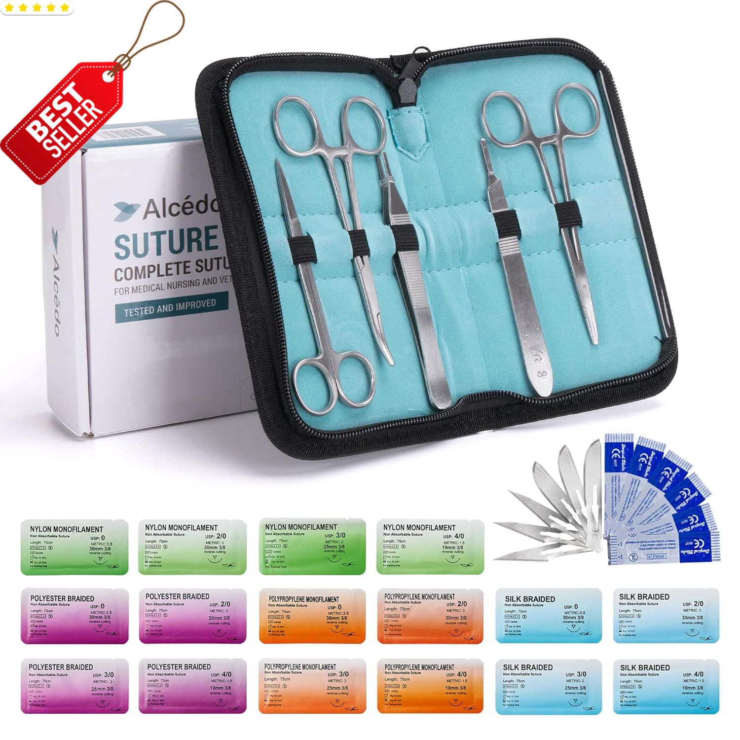 Sterile Sutures Thread & Needle Kit 16 Mixed Sizes w/ 12 Tools 28pc – US