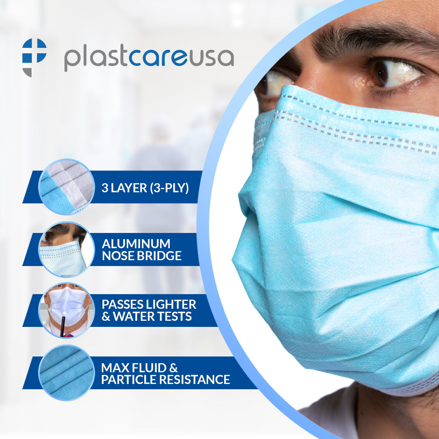Earloop Face Mask, 3 Layers (3-Ply), ASTM Level 2, Sentinel 1 Box (50 Pcs)