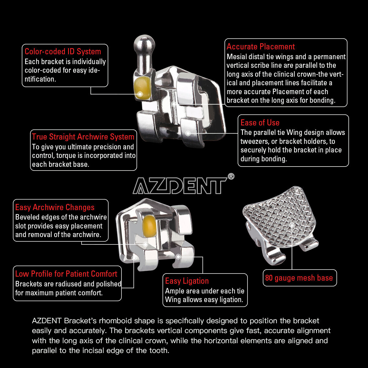 AZDENT Dental Orthodontic Metal Brackets Braces Mini Roth 0.022 Hook3/Hook345