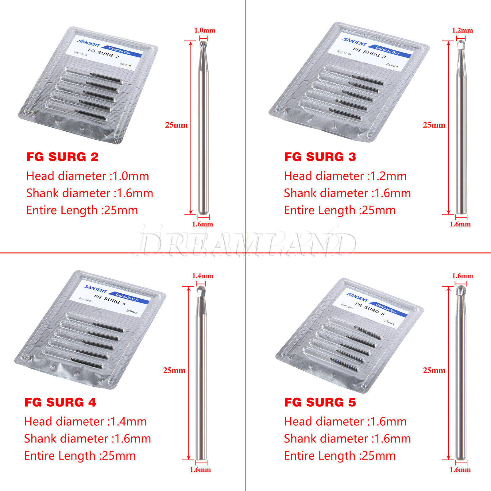 Dental Surgical Round Burs FG 2 3 4 5 Carbide Length Bits Long Shank