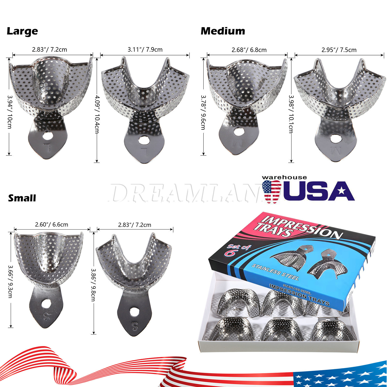 Dental Impression Trays Stainless Steel Perforated 6PC Upper+Lower S/M/L SKYSEA