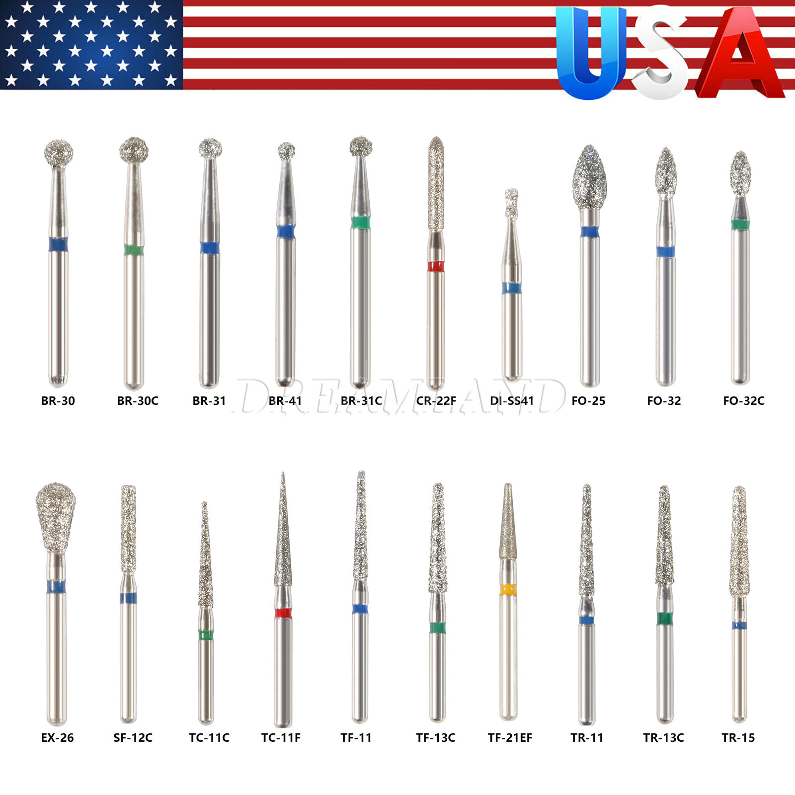 100 Diamond Dental Dentist Bur Bits Drill FG 1.6mm USA STOCK fixed 20 types USA