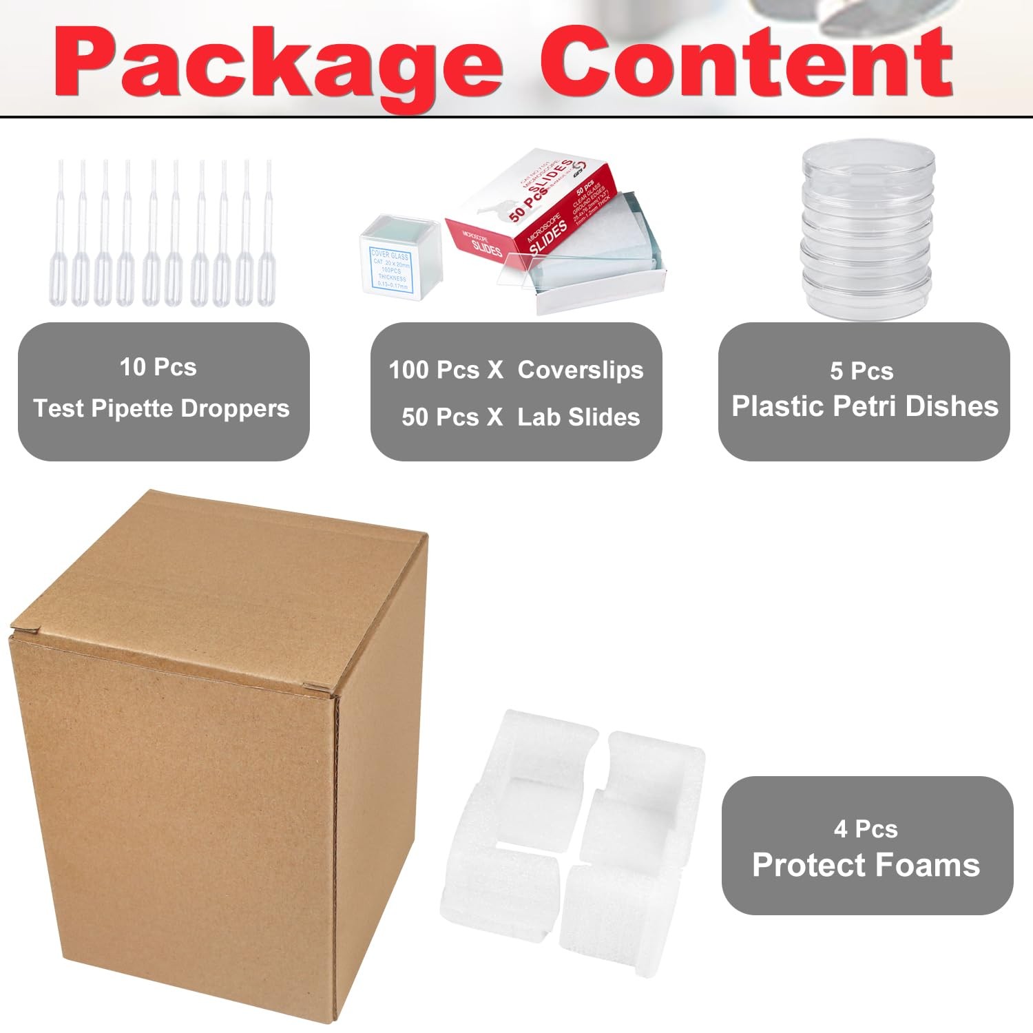Sterile Plastic Petri Dishes Set, 50 Pcs Blank Microscope Slides, 100 Pcs 20x