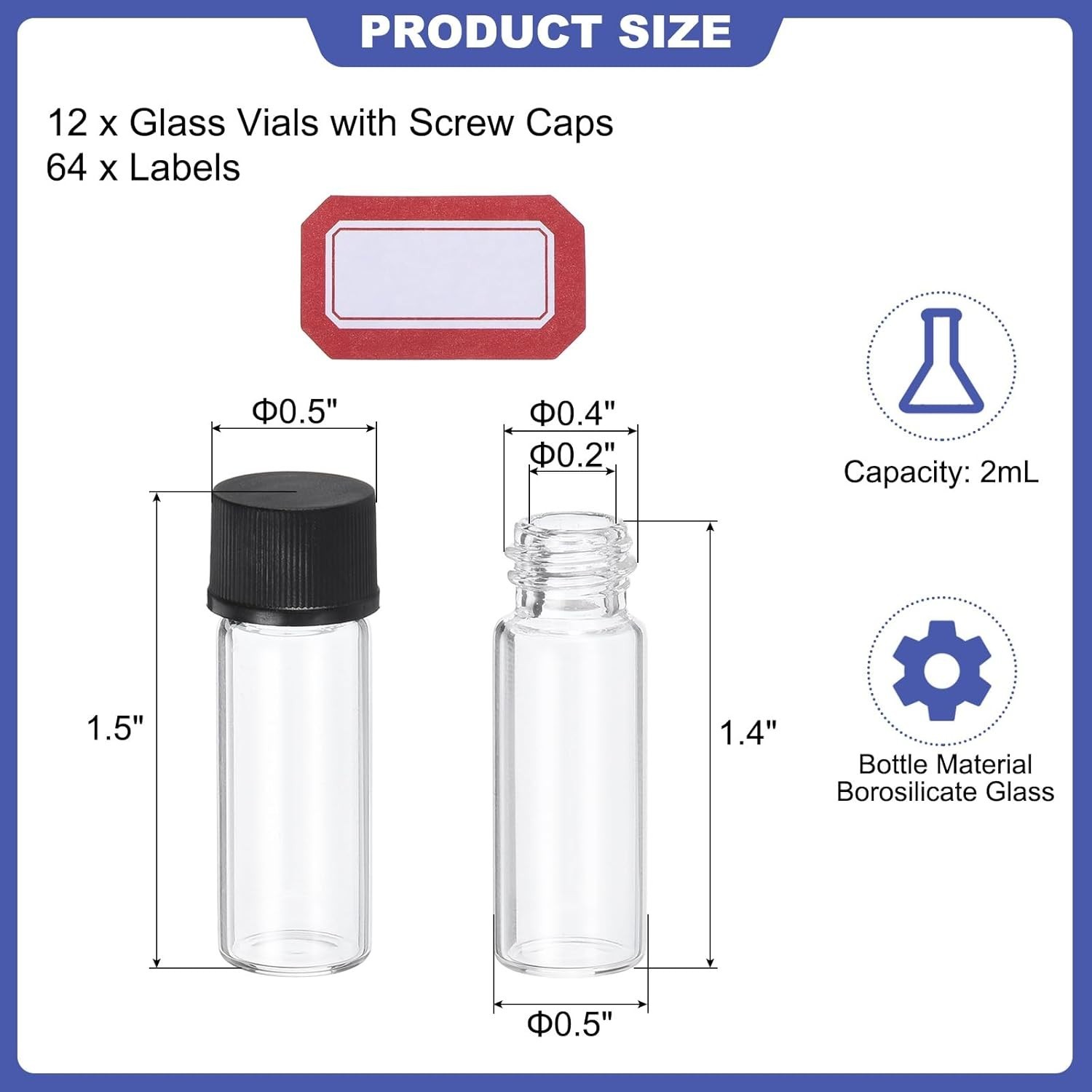Leak-Proof 2ml Glass Vials with Labels – 12 Piece Reusable Set for Labs & Travel