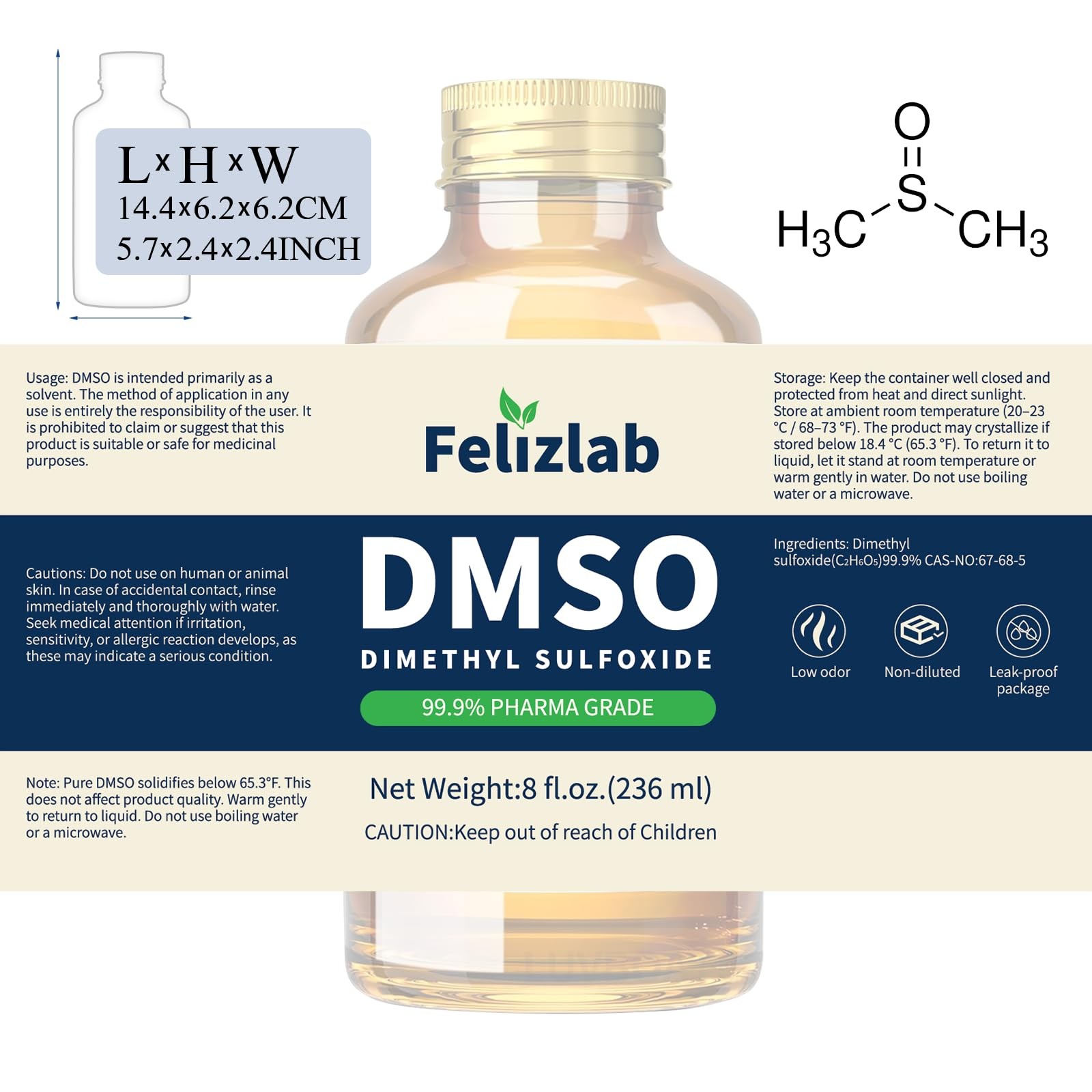 DMSO Liquid 99.9% Pure (Dimethyl Sulfoxide) 8 fl oz Undiluted Low Odor High