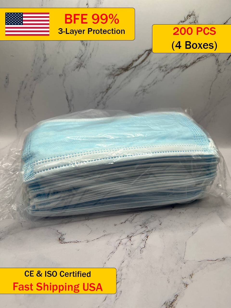 ✅ 200 PCS (4 Boxes) 3-Ply Disposable Face Masks – BFE 99% Protection | CE & ISO