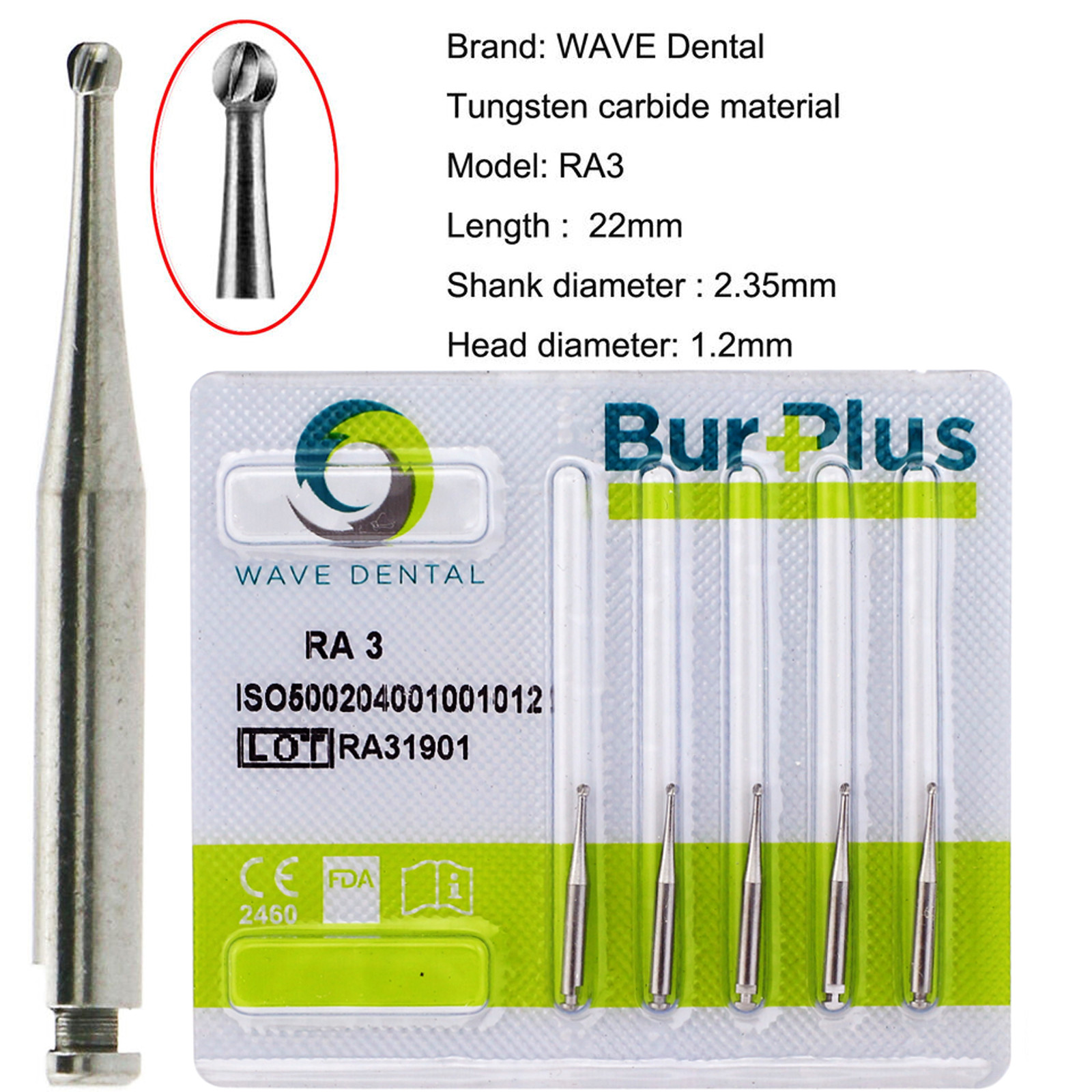 WAVE Dental RA Round Latch Type Carbide Bur Midwest LA For Low Speed Handpiece