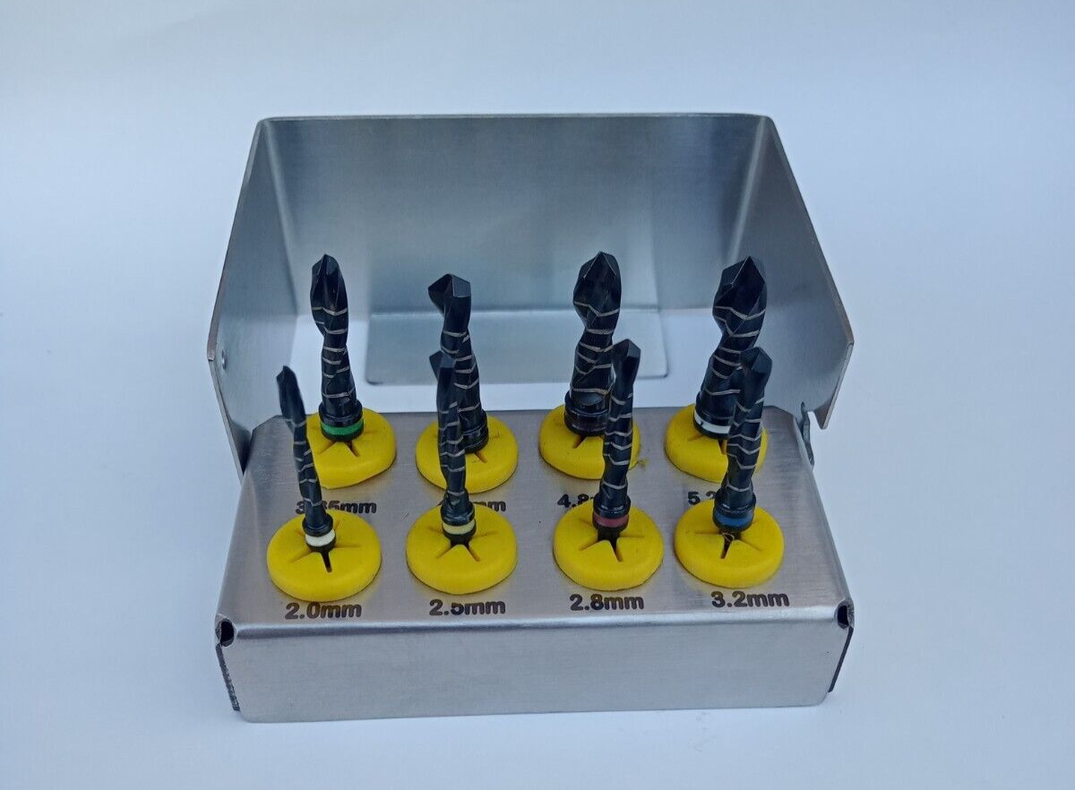 Dental Implant Drills Kit 8 Pcs Set Titanium Coated Black Surgical Tools NEW CE