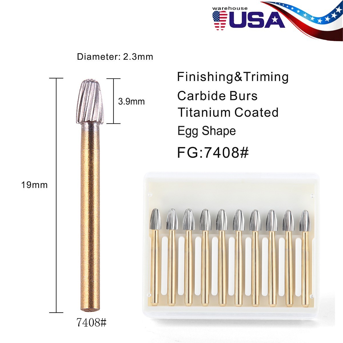 10Pcs Dental Tungsten Carbide Burs Trimming & Finishing Egg Football Bur FG 7408
