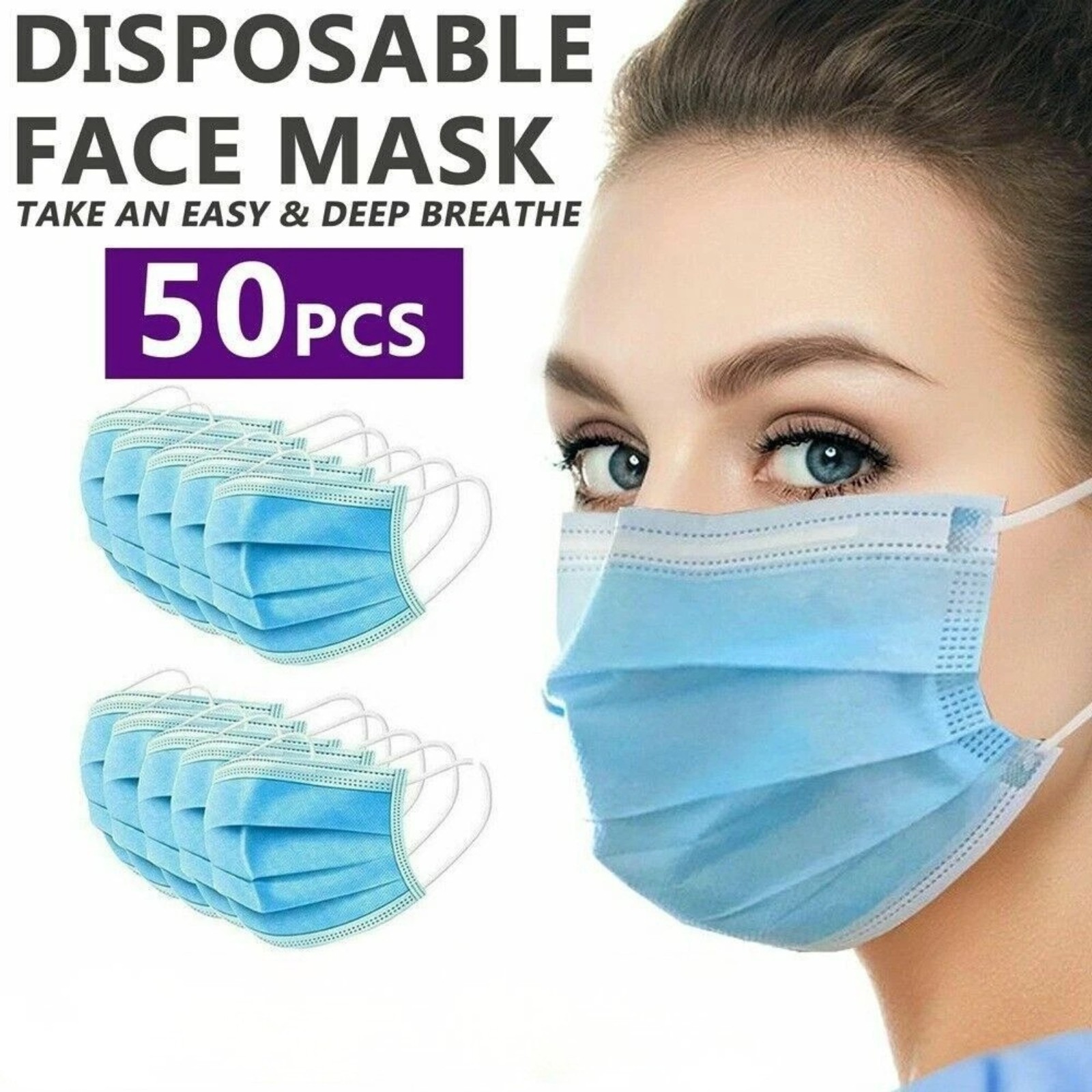 50 PCS Disposable Face Mask 3-Ply Non Medical Surgical Earloop Mouth Dust Cover