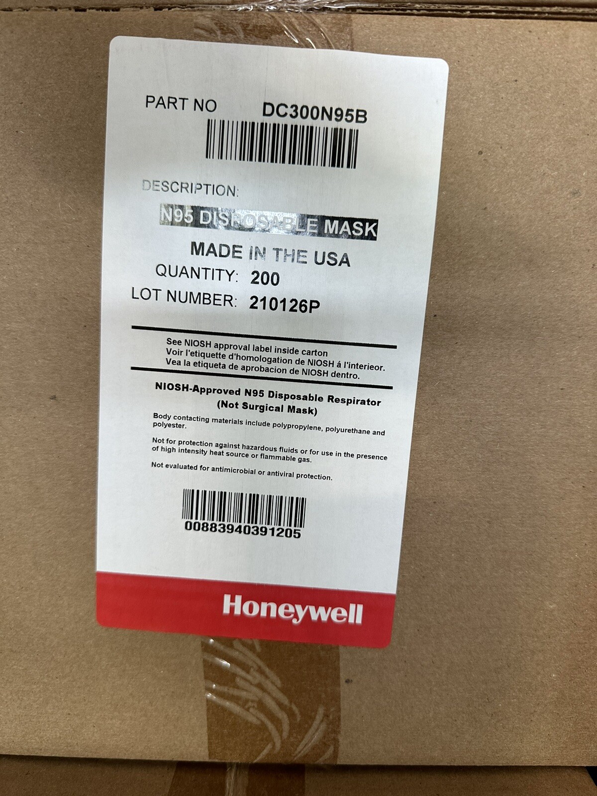 Honeywell N95 DC300N95B Respirator Particulate Masks Disposable NIOSH, 200/Box.