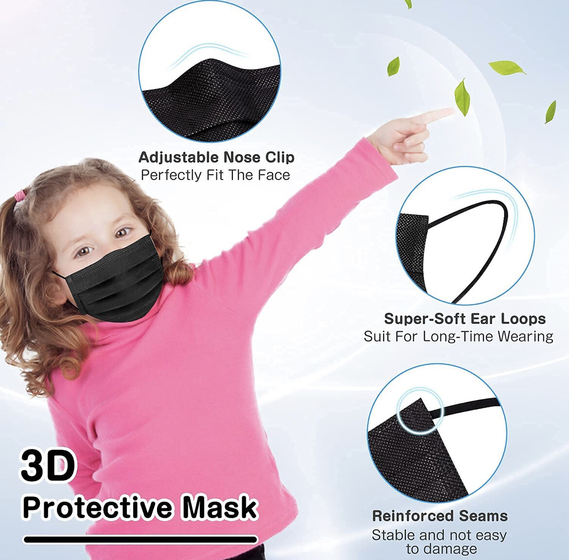 10/100PCS Black Face Mask Mouth & Nose Protector Respirator Disposable Kids Mask