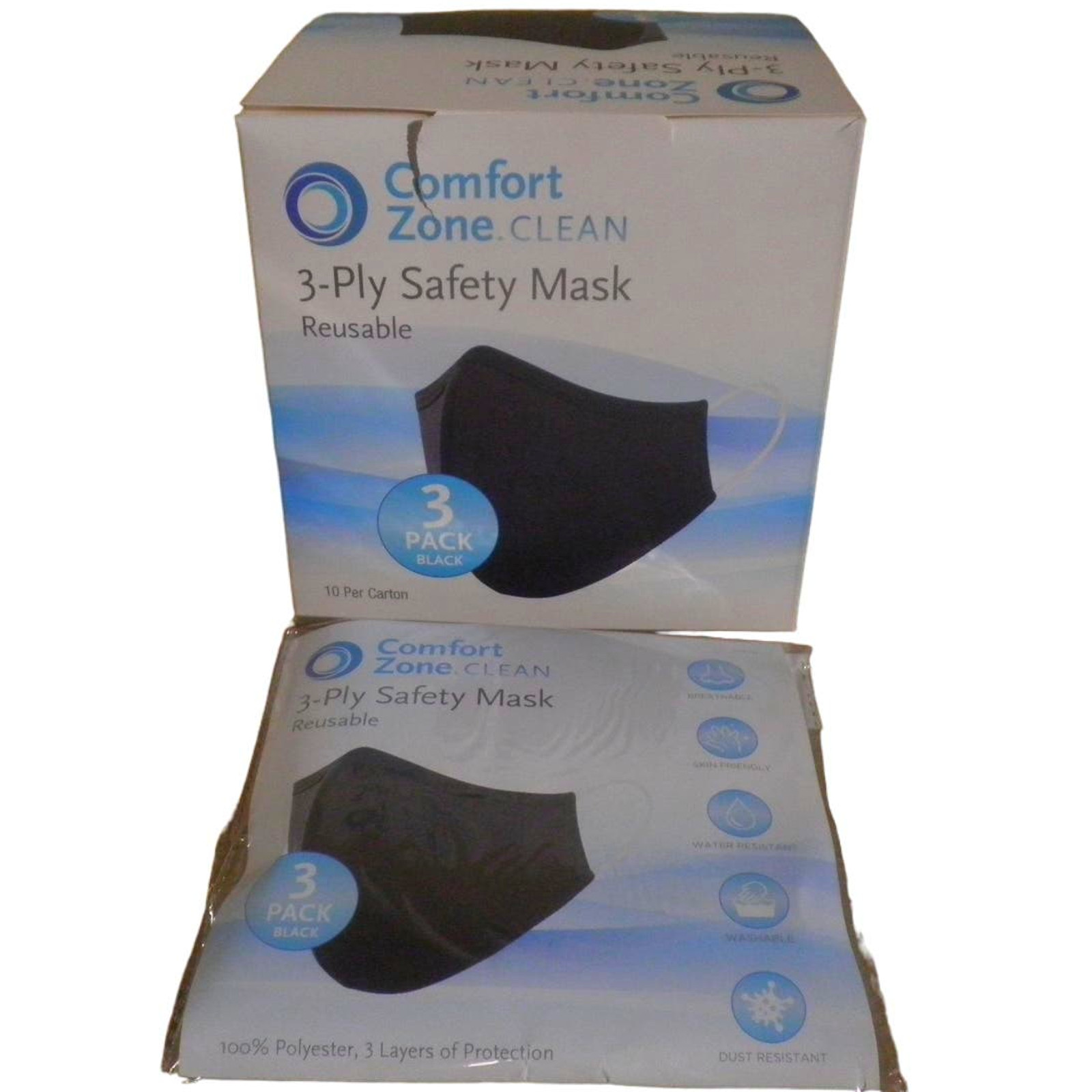 540 Ct. Case- Reusable Fabric Mask, 180-PKS of 3, 3-Layer, Black, 100% Polyester
