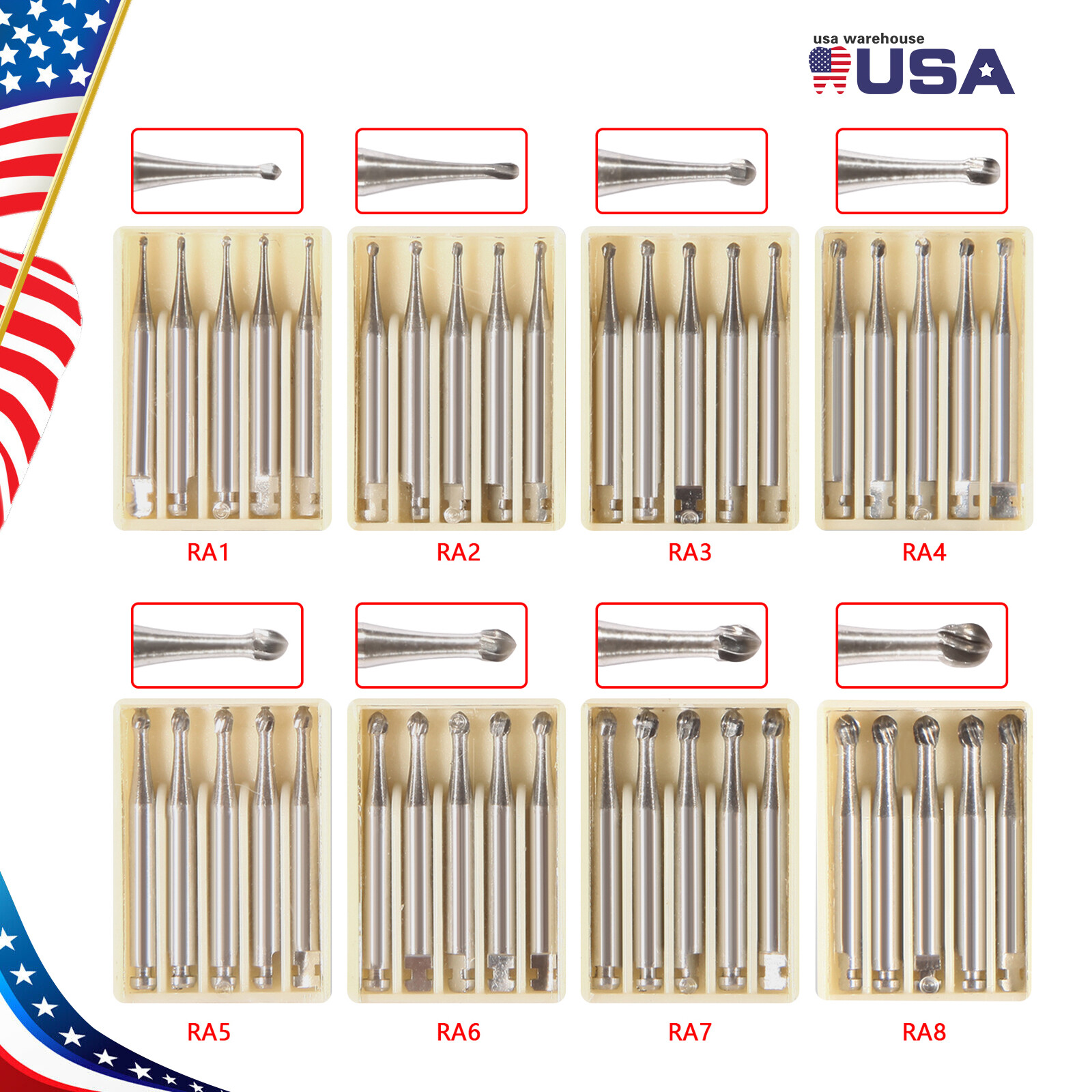 5pcs/box Dental Round Latch Carbide Bur RA1 2 3 4 5 6 7 8 RA Drill F/ Slow Speed