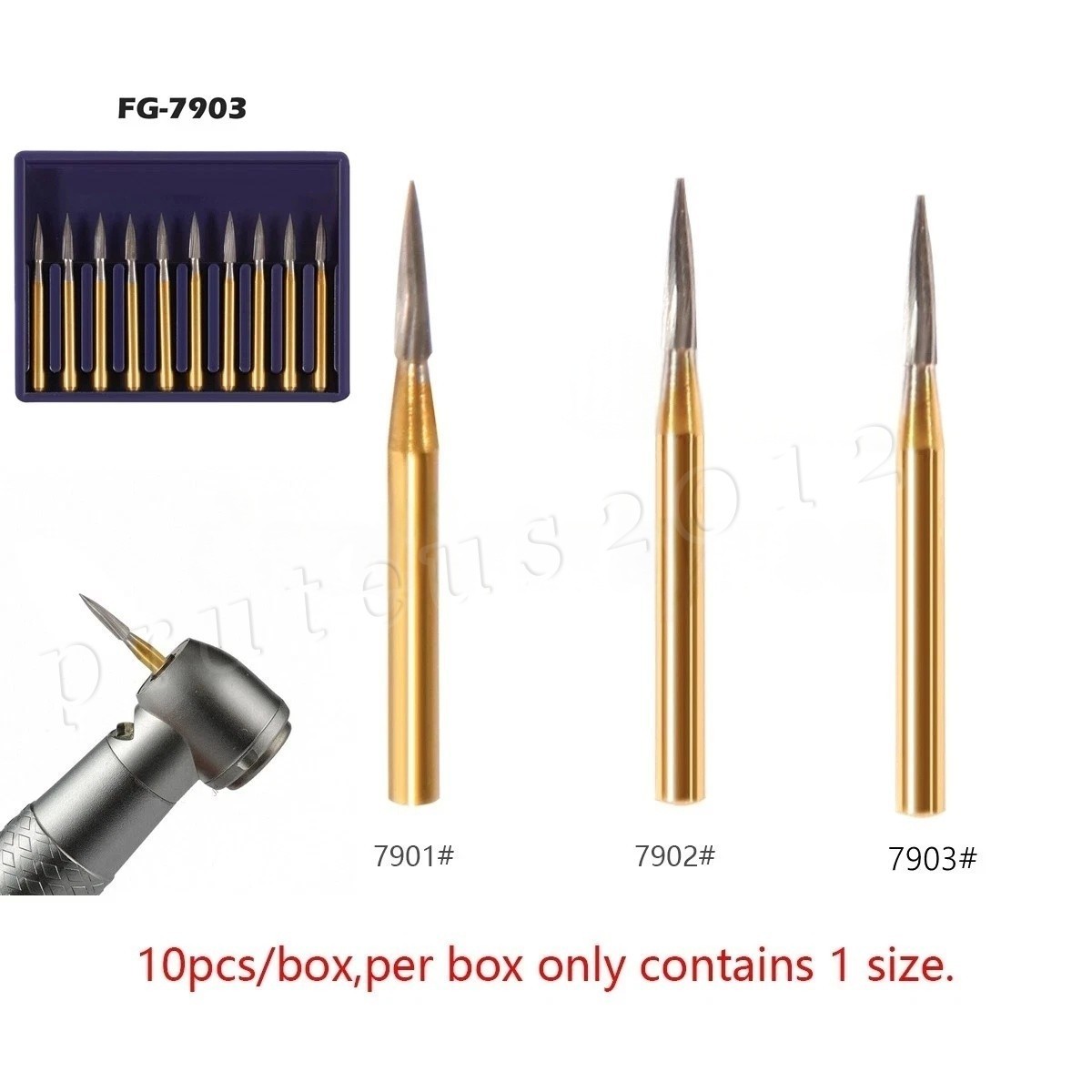 10*Tungsten Carbide Gold Burs Trimming Finishing FG7901 /7902/ 7406 /7408 Dental
