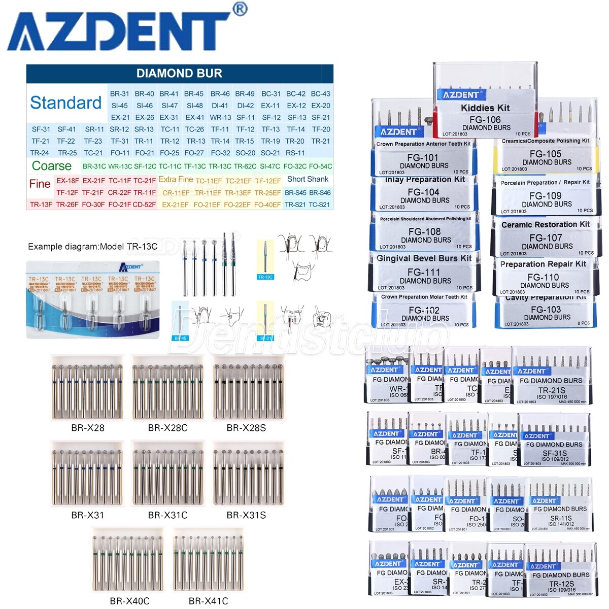 147 Types AZDENT Dental Diamond Burs FG Burs for High Speed Handpiece