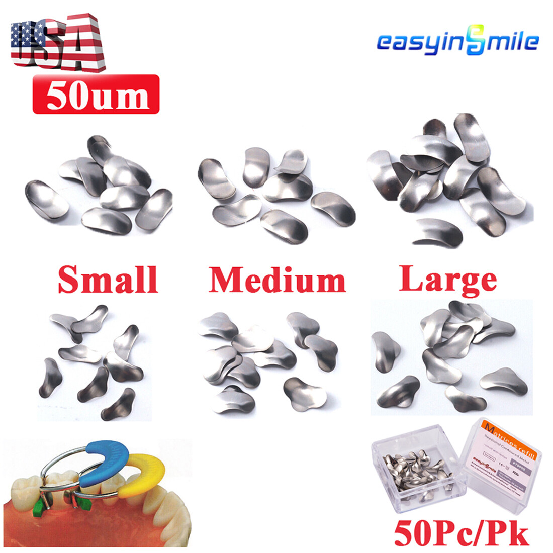 50Pcs Dental Matrices Bands Sectional Contoured Metal Matrix bands soft S/M/L US