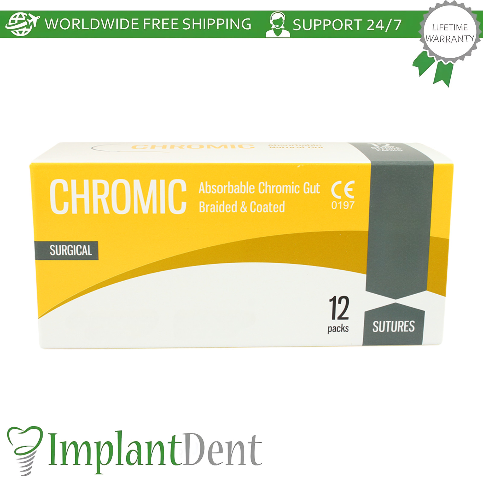 Mon0fiIament Dental CHR0MlC Thread Collagen 12pcs 3/8 Circle 20.0mm Reverse
