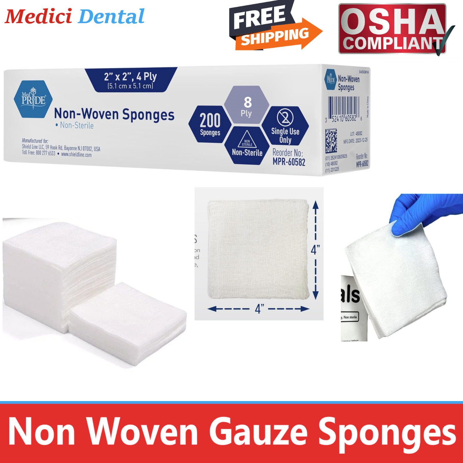 5000Pcs Dental 8-Ply Non-Woven Sponges Non-Sterile Cotton Gauze Size 2 ” x 2 “