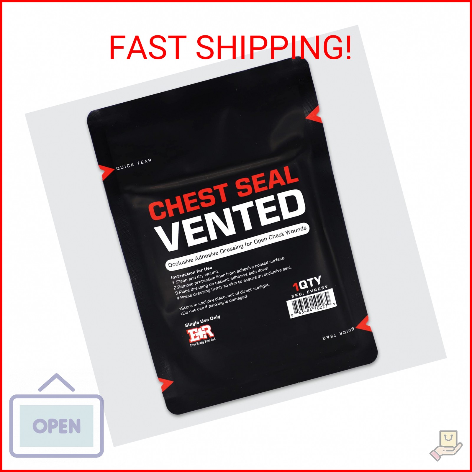 Ever Ready First Aid Vented Chest Seal with Quick Tear – 6.6” Square Occlusive A