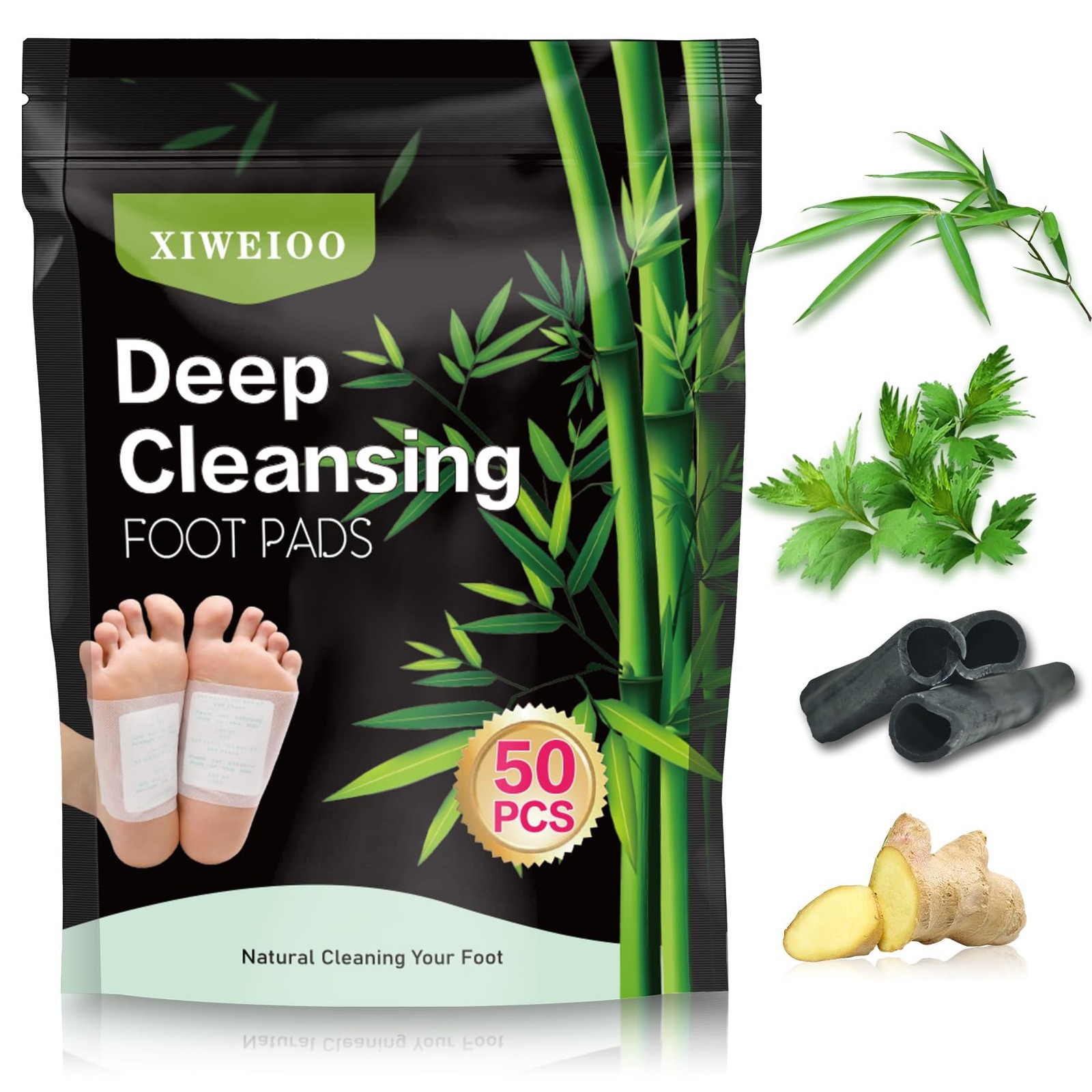 XIWEIOO 50 Pack Foot Pads Ginger Bamboo Deep Cleansing 50 PACK BLANK PADS KIT