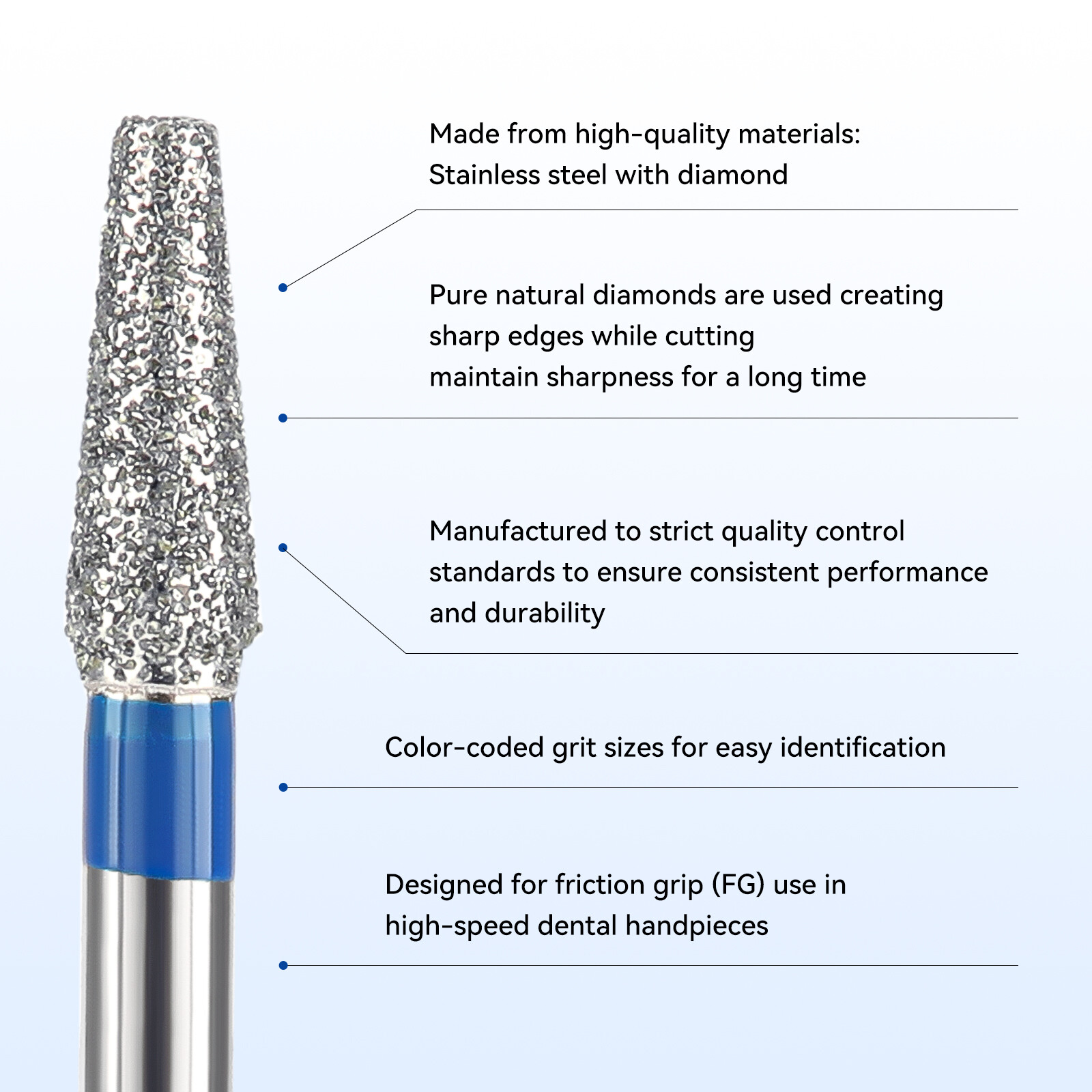 50Pcs JMU Dental Diamond Burs Flat End Taper FG 845-021M Medium Grit 5Pcs/Box