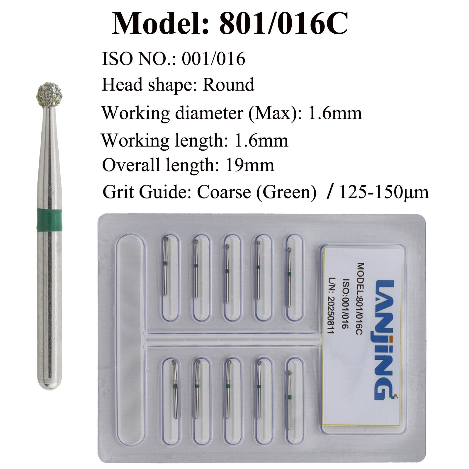 Dental Diamond Bur Round Fine Super Coarse 801 016 021 FG Ball Burs High Speed