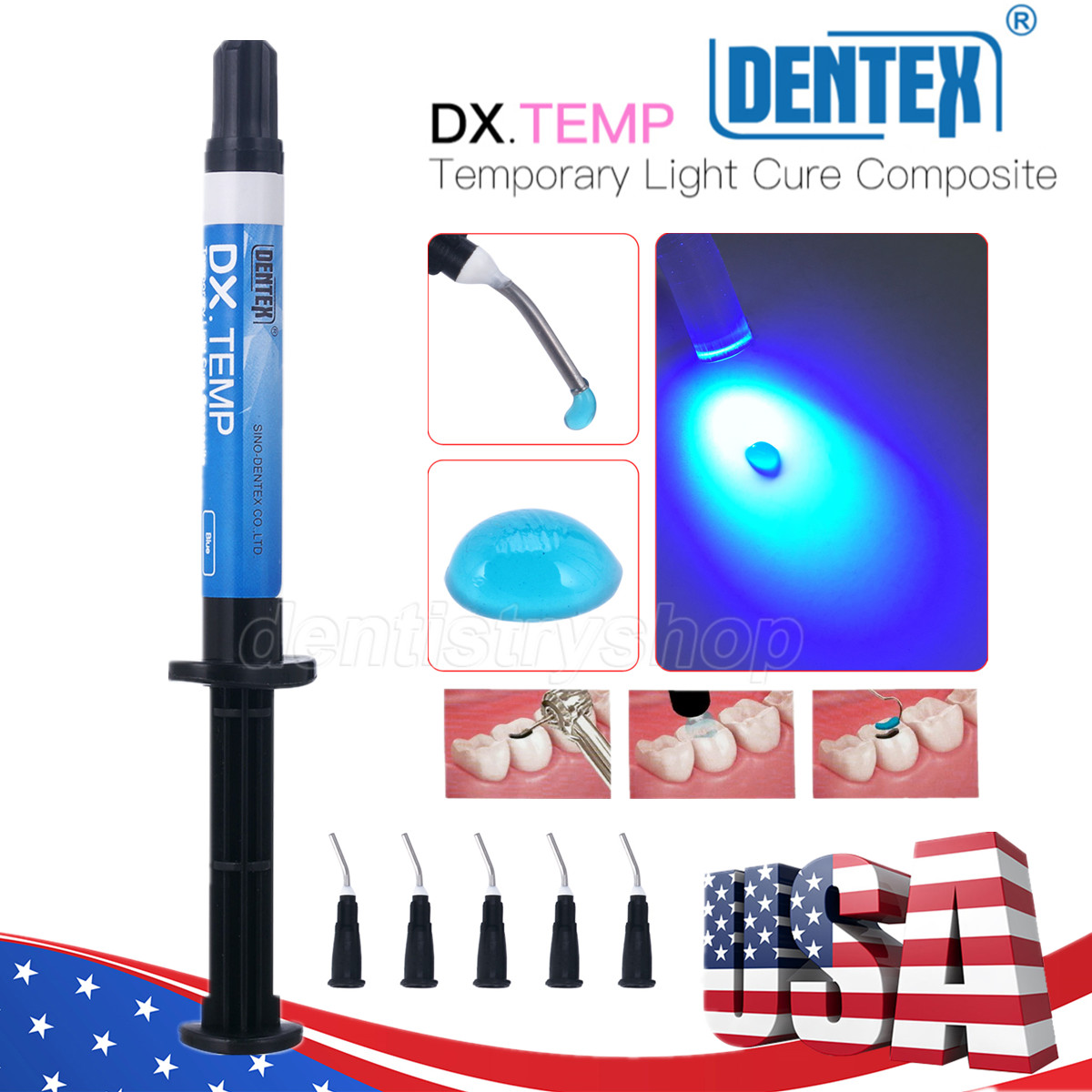 Dentex Dental Temporary Flow Composite Light Cure Filling Resin Blue Shade 2.5g