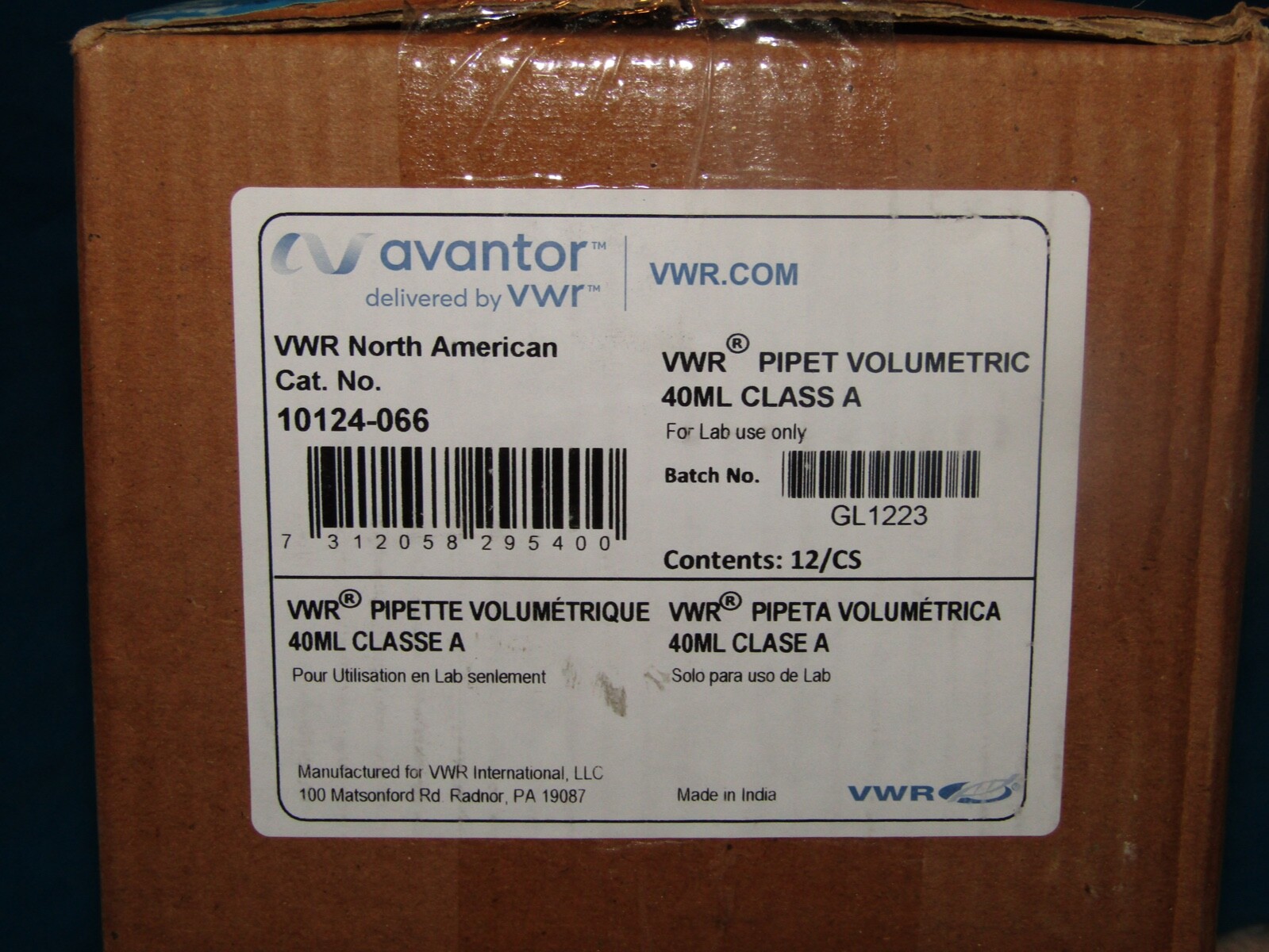 Avantor VWR 40ml Pipet Volumetric Class Full Case of 12