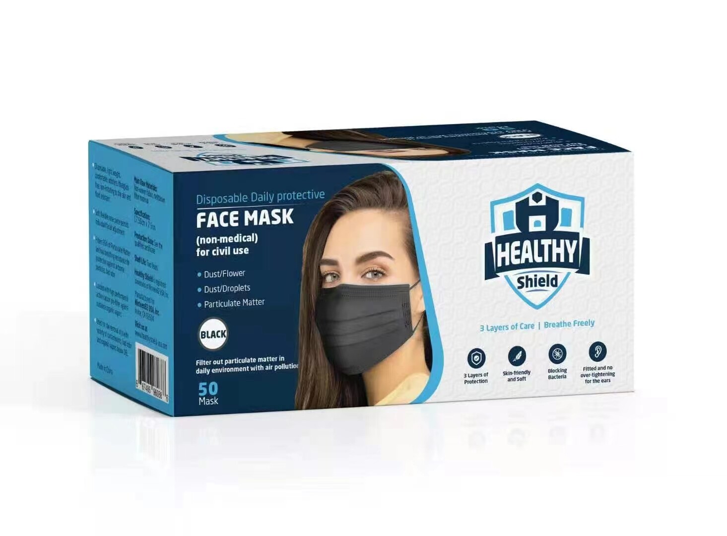 Healthy Shield 50pcs Disposable 3-Ply Safety Face Mask