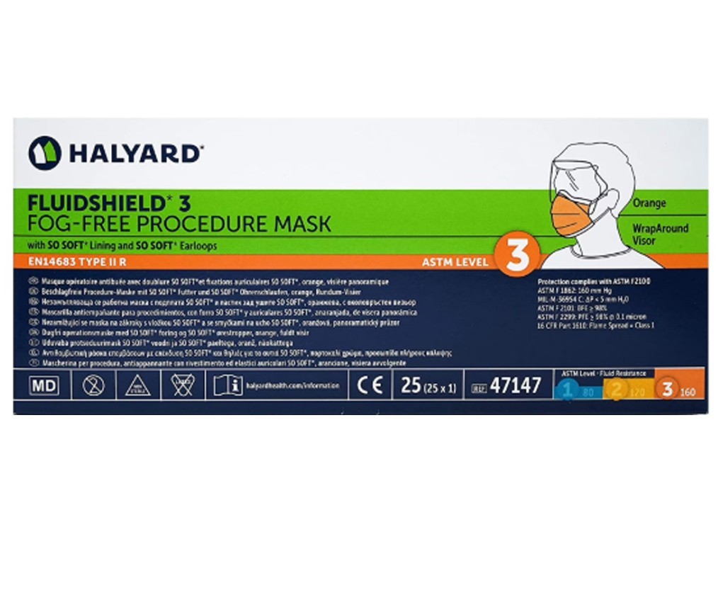 Halyard 47147 Fog-Free FluidShield ASTM Level 3 Procedure Mask Earloops 50-Piece