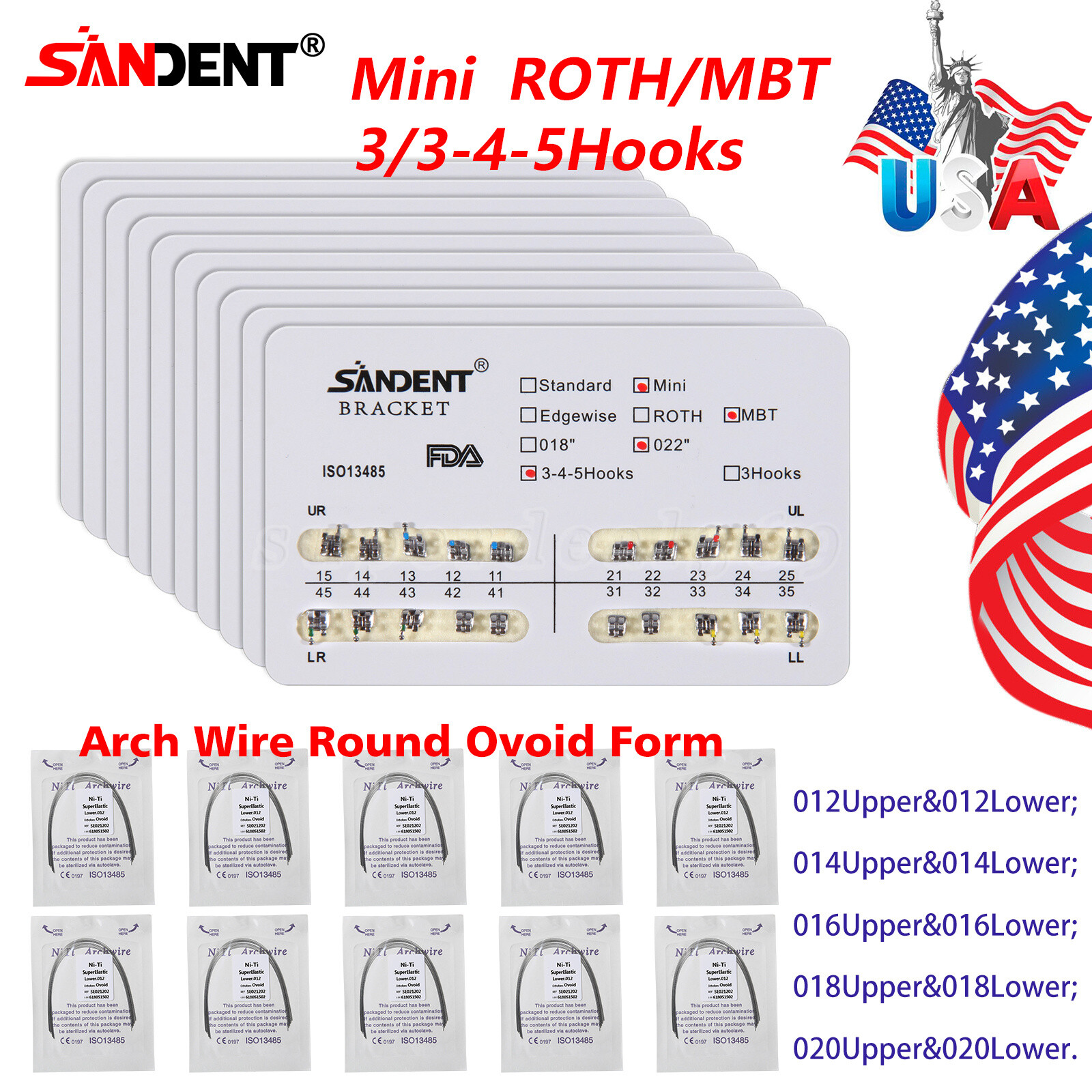SANDENT Dental Orthodontic Braces Brackets Mini Roth.022 Hook345 / Arch Wire ns