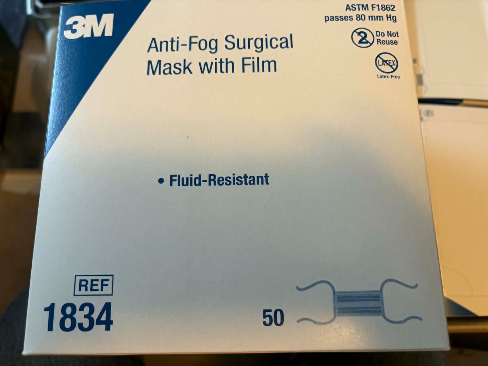 *50-Pieces* 3M Health Care 1834 Tie-On Anti-Fog Surgical Masks with Film