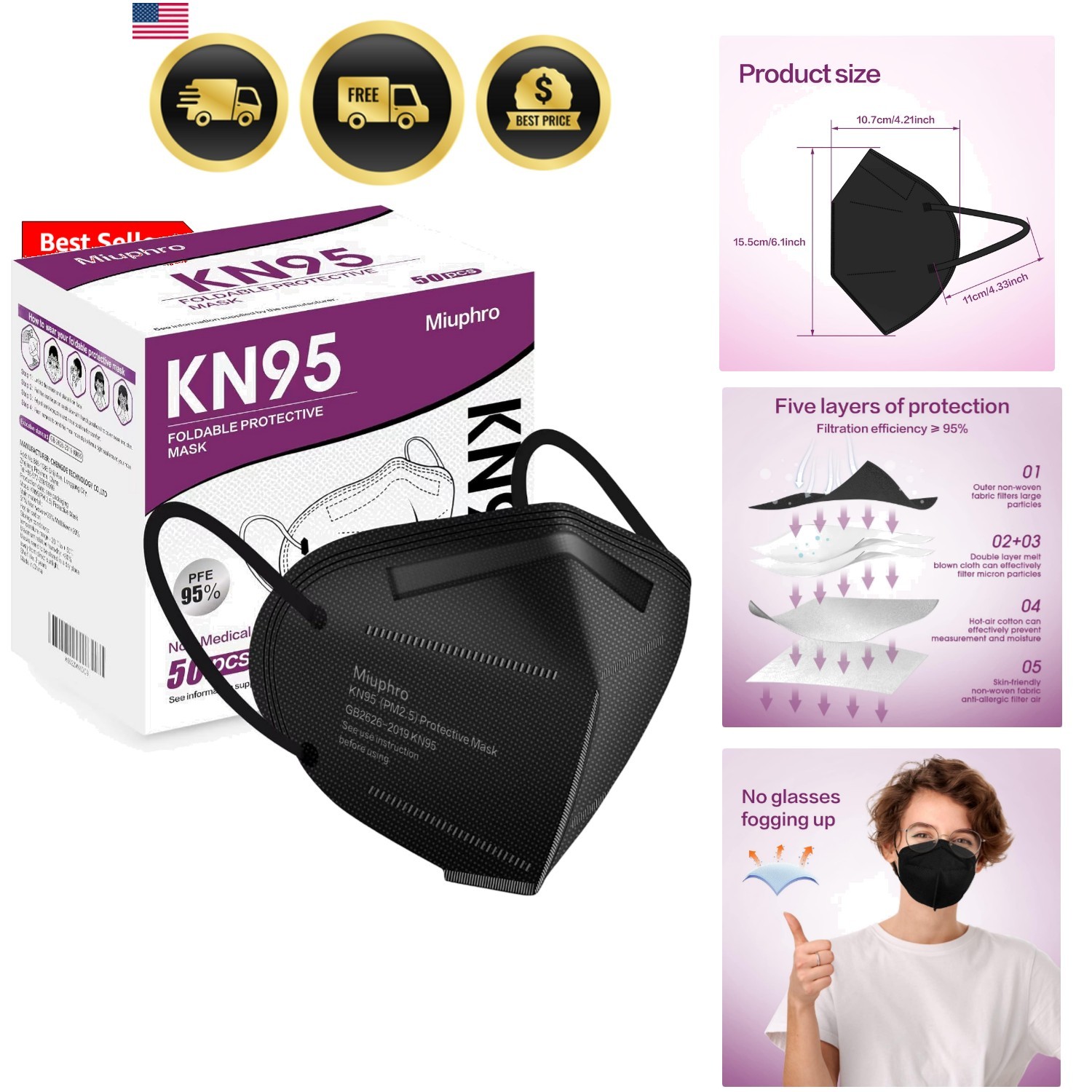 50 Pack Cup Dust Safety Disposable Masks, 5-Layer Foldable Masks