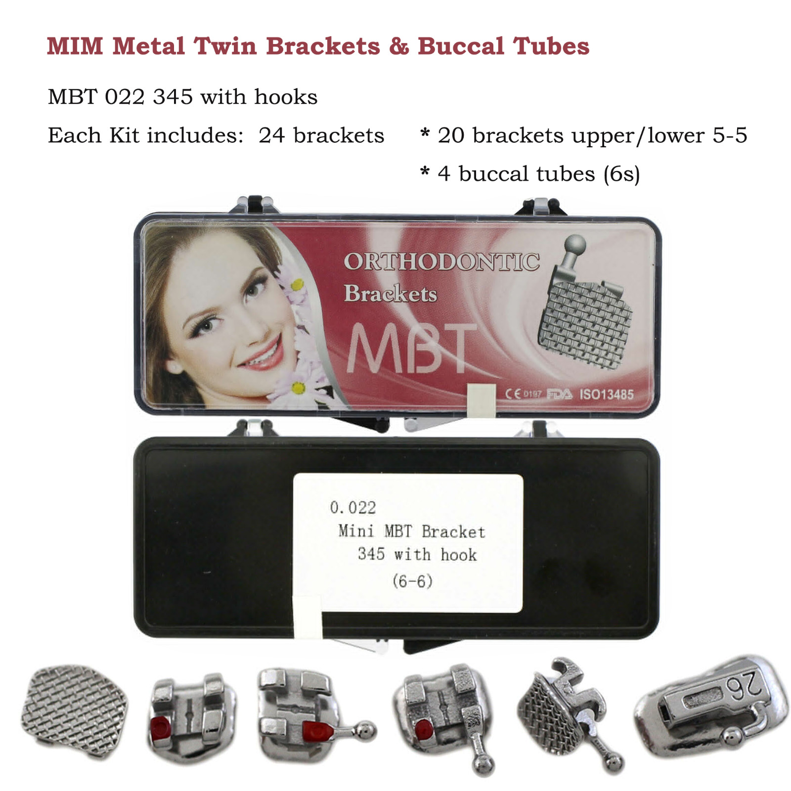 Dental Mini Brackets Orthodontic Braces Metal Roth MBT 022 3 / 345 Hooks 6-6 MIM