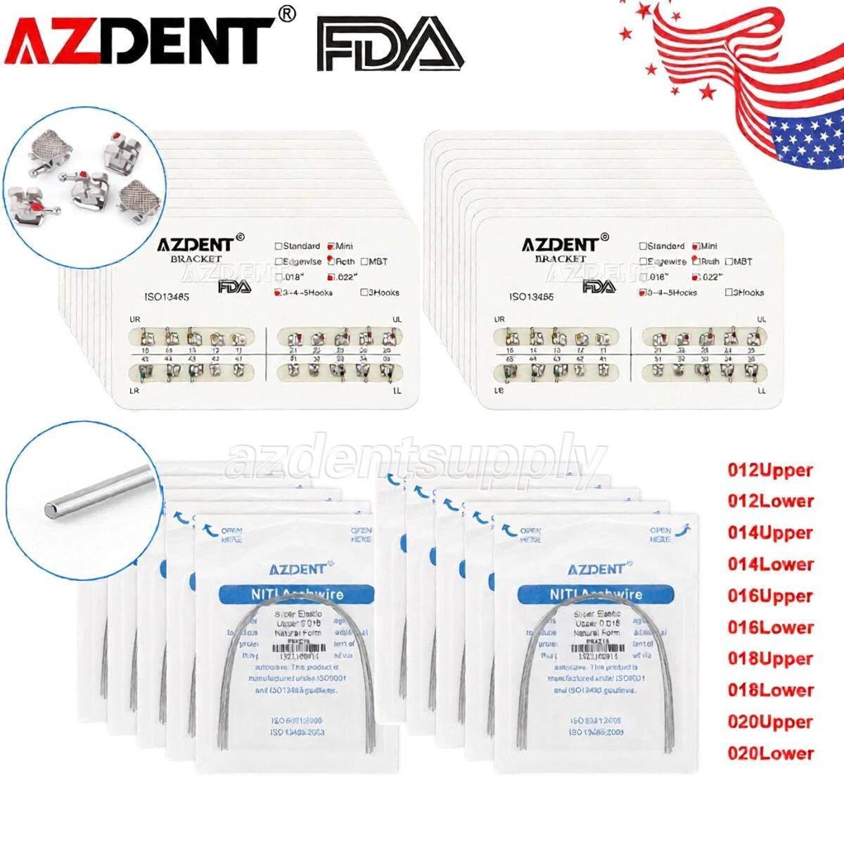AZDENT Dental Ortho Brackets Metal Mini Roth.022/018 Hook 345/Arch Wire Nature