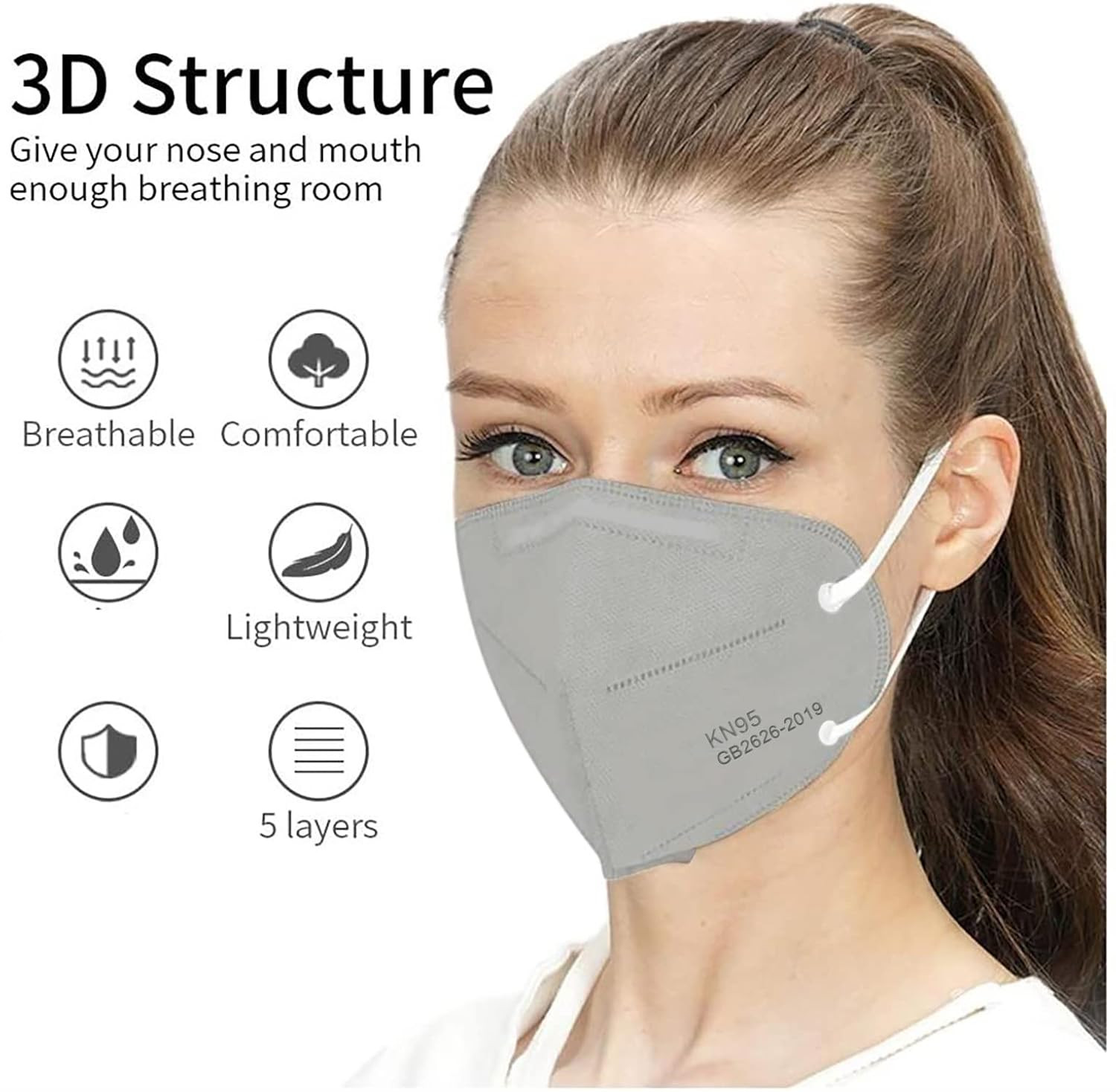 50PCS KN95 Face Mask 5 Layer Cup Dust Safety Masks Breathable Elastic