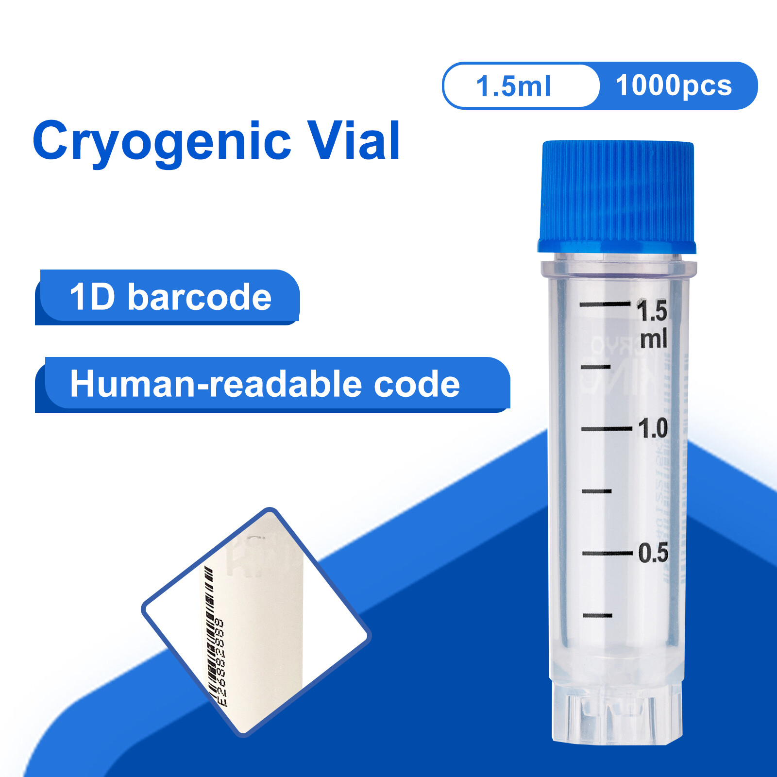 1000Pcs 1.5ml Cryogenic Vials, Sterile Vials with Side Barcode