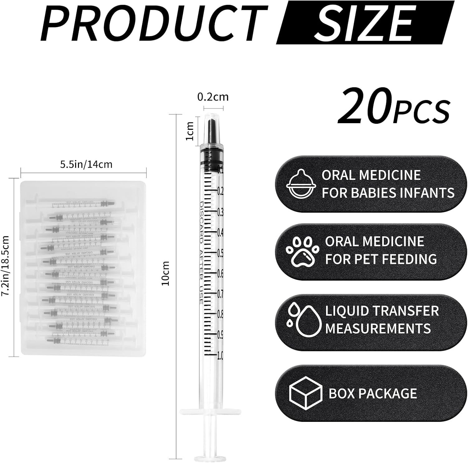 20 Pack 1ml Syringe for Liquid, 1cc Plastic Small Syringes for Scientific Labs,