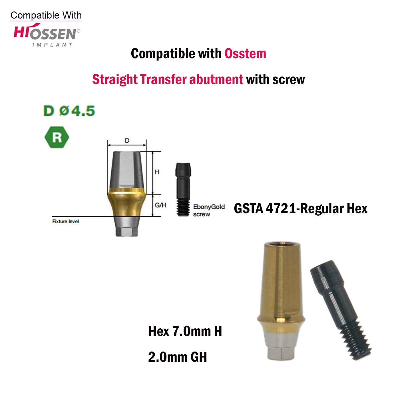 US Dental Straight Transfer Abutment Hex Regular Ø4.5For Osstem Hiossen TS 1-5mm